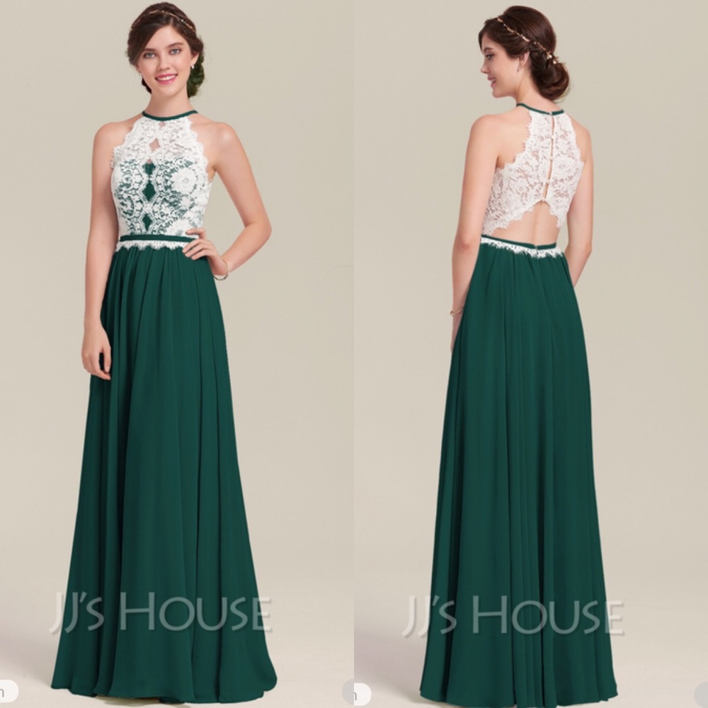 A-Line Scoop Neck Floor-Length Chiffon Lace Bridesmaid Dress dark green cut out